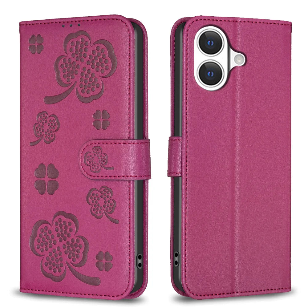 For iPhone 17 Case Clover Pattern Wallet Stand View Leather Phone Cover - Rose - 1
