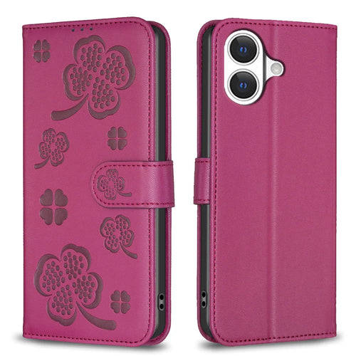 For iPhone 17 Case Clover Pattern Wallet Stand View Leather Phone Cover - Rose - 1