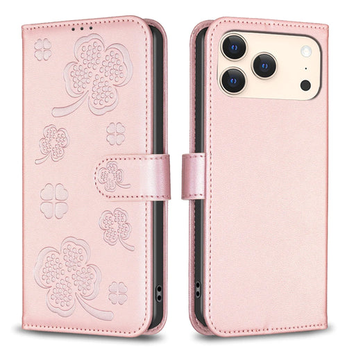 For iPhone 18 Pro / 17 Pro Case Clover Pattern Wallet Stand View Leather Phone Cover - Pink - 1