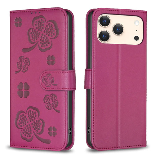 For iPhone 18 Pro Max / 17 Pro Max Case Clover Pattern Wallet Stand View Leather Phone Cover - Rose - 1