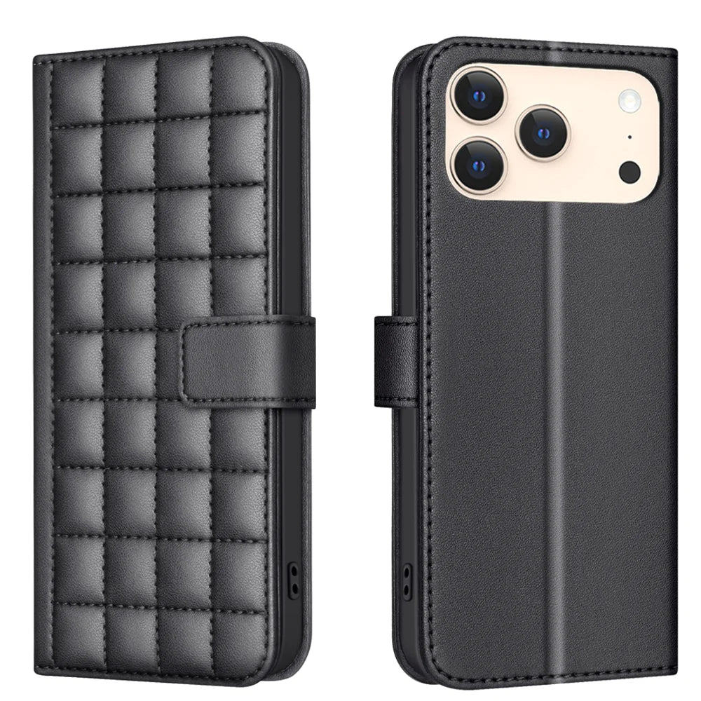 BINFEN COLOR For iPhone 18 Pro / 17 Pro Leather Case  Square Grid Wallet Stand Phone Cover - Black - 1