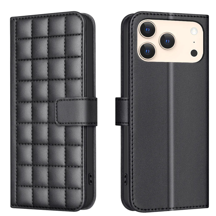 BINFEN COLOR For iPhone 18 Pro / 17 Pro Leather Case  Square Grid Wallet Stand Phone Cover - Black - 1