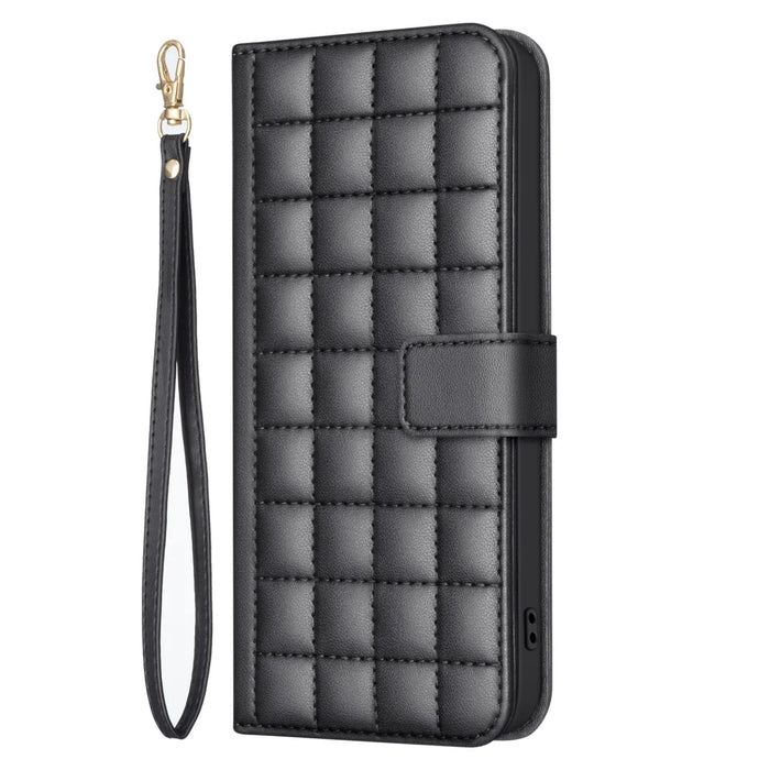BINFEN COLOR For iPhone 18 Pro / 17 Pro Leather Case  Square Grid Wallet Stand Phone Cover - Black - 2