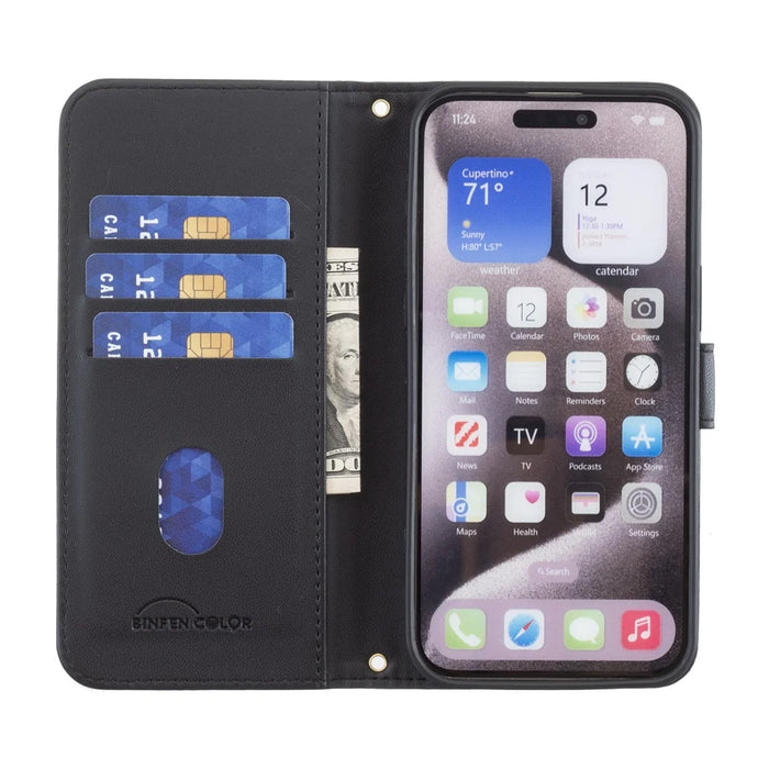 BINFEN COLOR For iPhone 18 Pro / 17 Pro Leather Case  Square Grid Wallet Stand Phone Cover - Black - 6