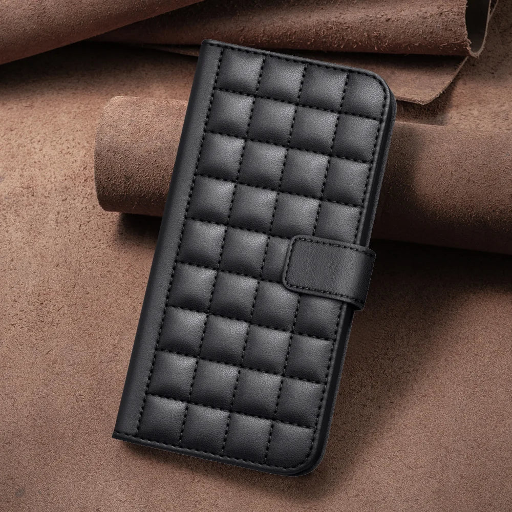 BINFEN COLOR For iPhone 18 Pro Max / 17 Pro Max Leather Case  Square Grid Wallet Stand Phone Cover - Black - 7