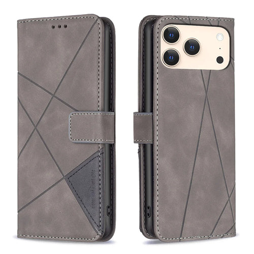 BINFEN COLOR For iPhone 18 Pro / 17 Pro Phone Case  Wallet Stand Geometry Imprinted Leather Cover - Grey - 1