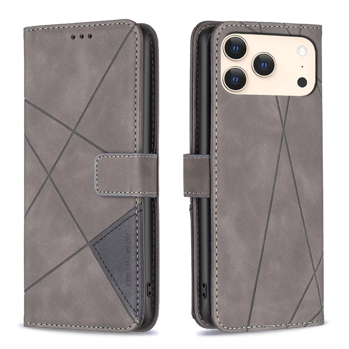 BINFEN COLOR For iPhone 18 Pro / 17 Pro Phone Case  Wallet Stand Geometry Imprinted Leather Cover - Grey - 1