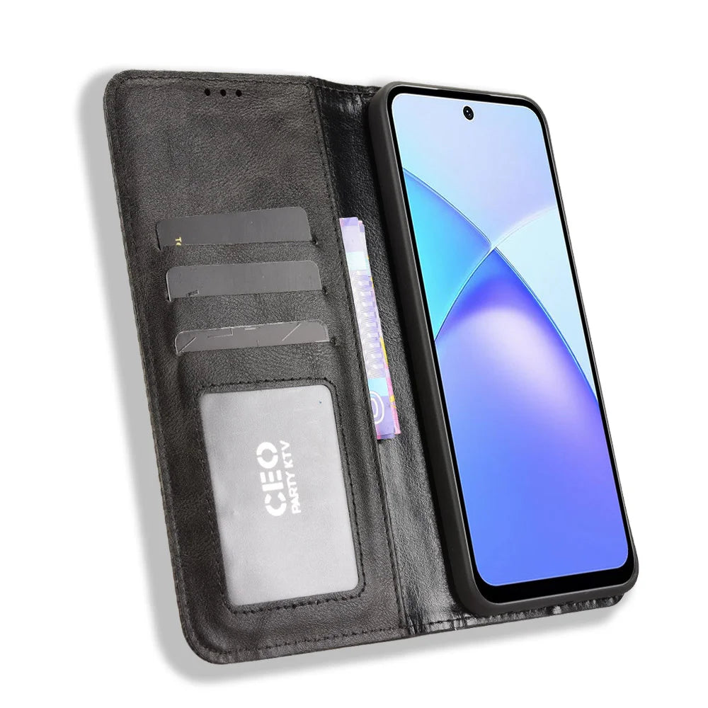 For TECNO Pop 10 / Infinix Smart 10 Leather Case Wallet Stand Retro Texture Phone Cover - Black - 6