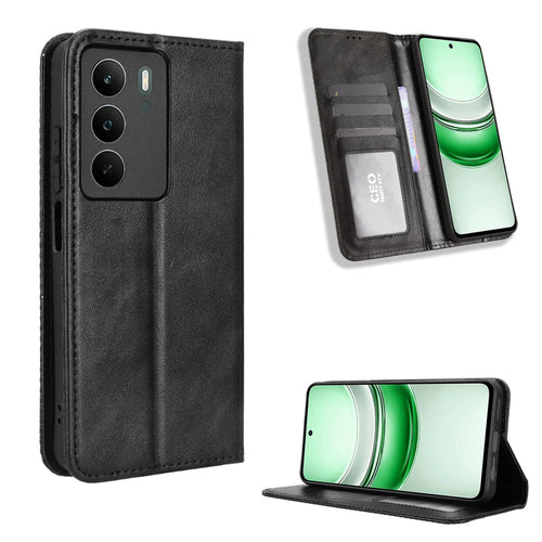 For Realme C71 4G Leather Case Wallet Stand Retro Texture Phone Cover - Black - 1