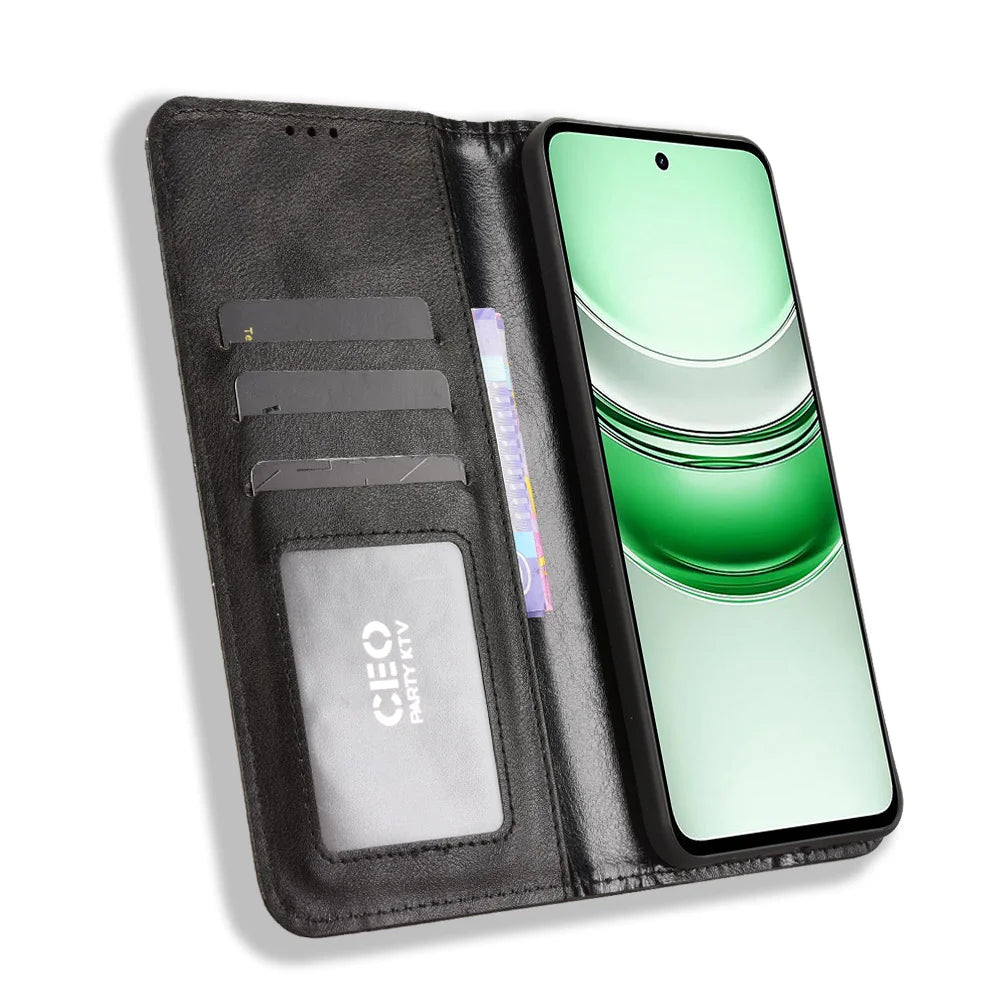 For Realme C71 4G Leather Case Wallet Stand Retro Texture Phone Cover - Black - 6