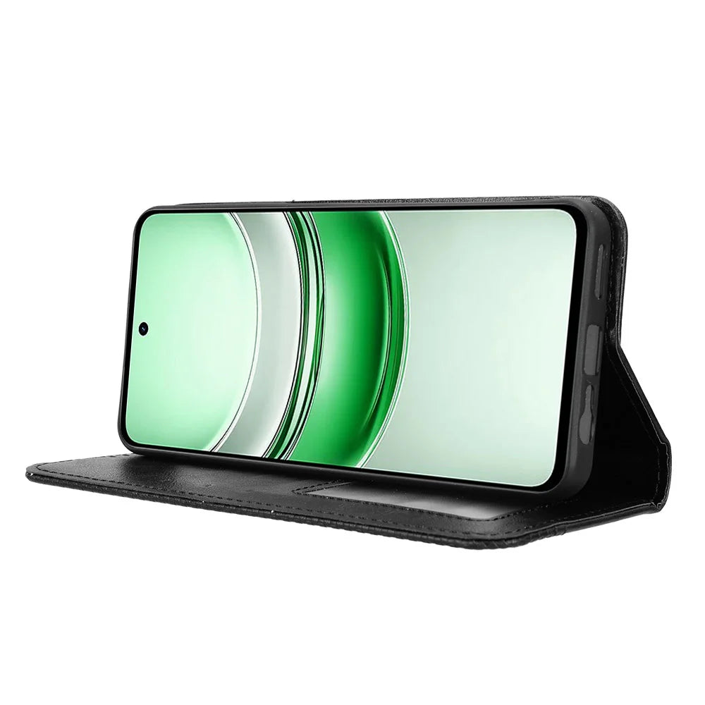 For Realme C71 4G Leather Case Wallet Stand Retro Texture Phone Cover - Black - 7