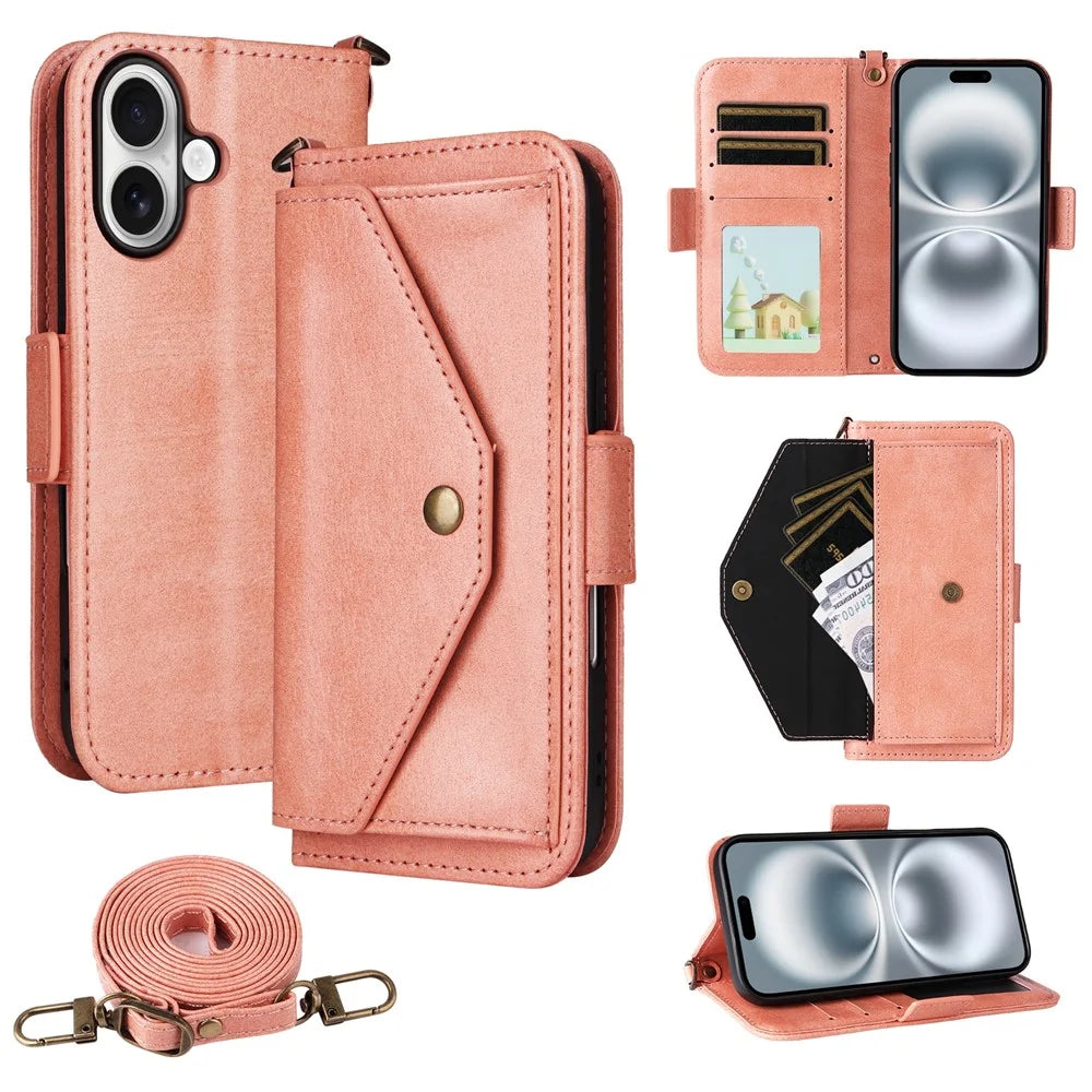 For iPhone 16 Leather Case Magnetic Closure Wallet Stand Phone Cover with Crossbody Strap - Pink - 1