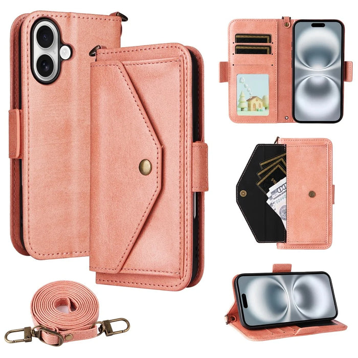 For iPhone 16 Leather Case Magnetic Closure Wallet Stand Phone Cover with Crossbody Strap - Pink - 1