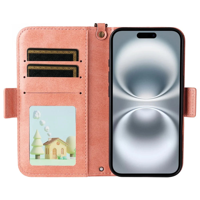 For iPhone 16 Leather Case Magnetic Closure Wallet Stand Phone Cover with Crossbody Strap - Pink - 2