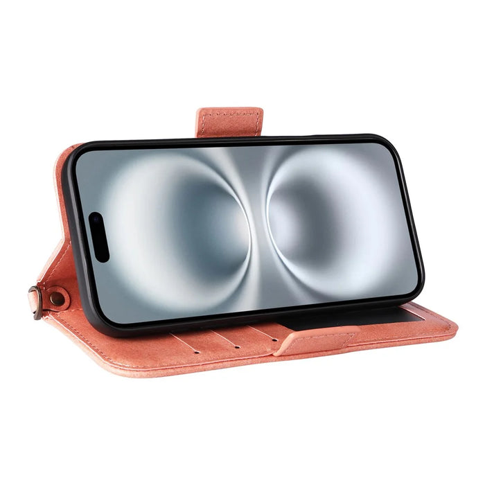 For iPhone 16 Leather Case Magnetic Closure Wallet Stand Phone Cover with Crossbody Strap - Pink - 3