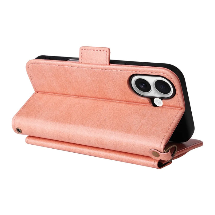 For iPhone 16 Leather Case Magnetic Closure Wallet Stand Phone Cover with Crossbody Strap - Pink - 5