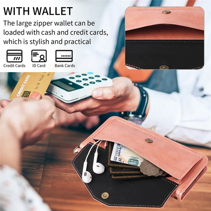 For iPhone 16 Leather Case Magnetic Closure Wallet Stand Phone Cover with Crossbody Strap - Pink - 7