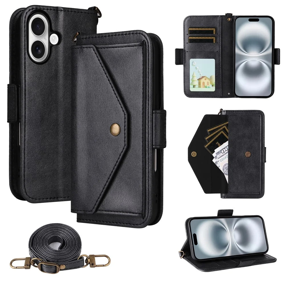 For iPhone 16 Plus Leather Case Magnetic Closure Wallet Stand Phone Cover with Crossbody Strap - Black - 1