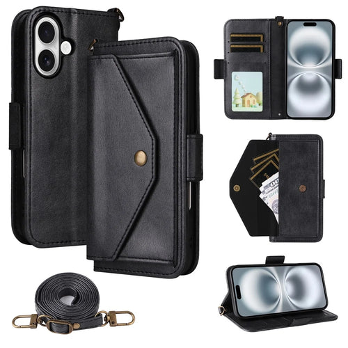 For iPhone 16 Plus Leather Case Magnetic Closure Wallet Stand Phone Cover with Crossbody Strap - Black - 1