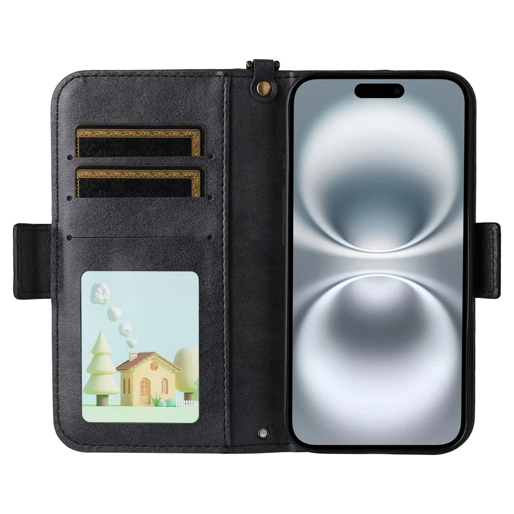 For iPhone 16 Plus Leather Case Magnetic Closure Wallet Stand Phone Cover with Crossbody Strap - Black - 2