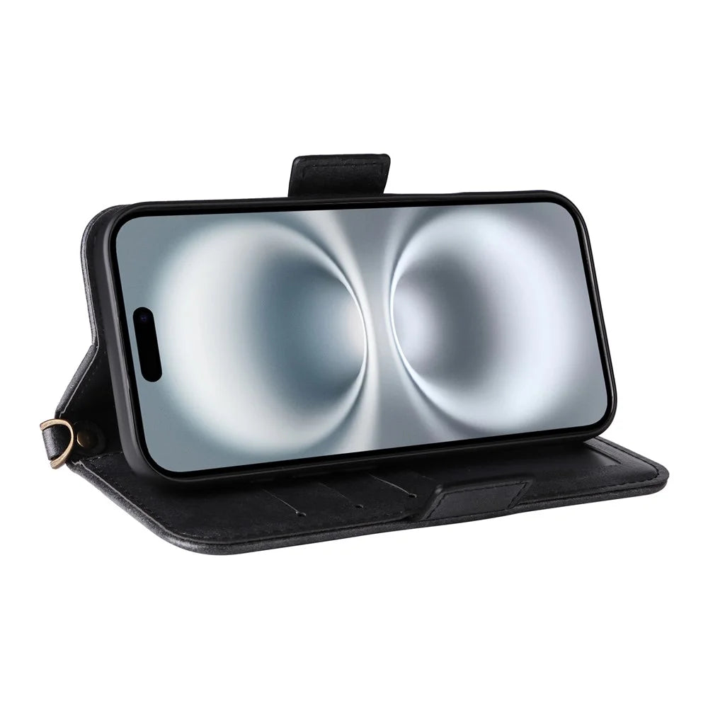 For iPhone 16 Plus Leather Case Magnetic Closure Wallet Stand Phone Cover with Crossbody Strap - Black - 3