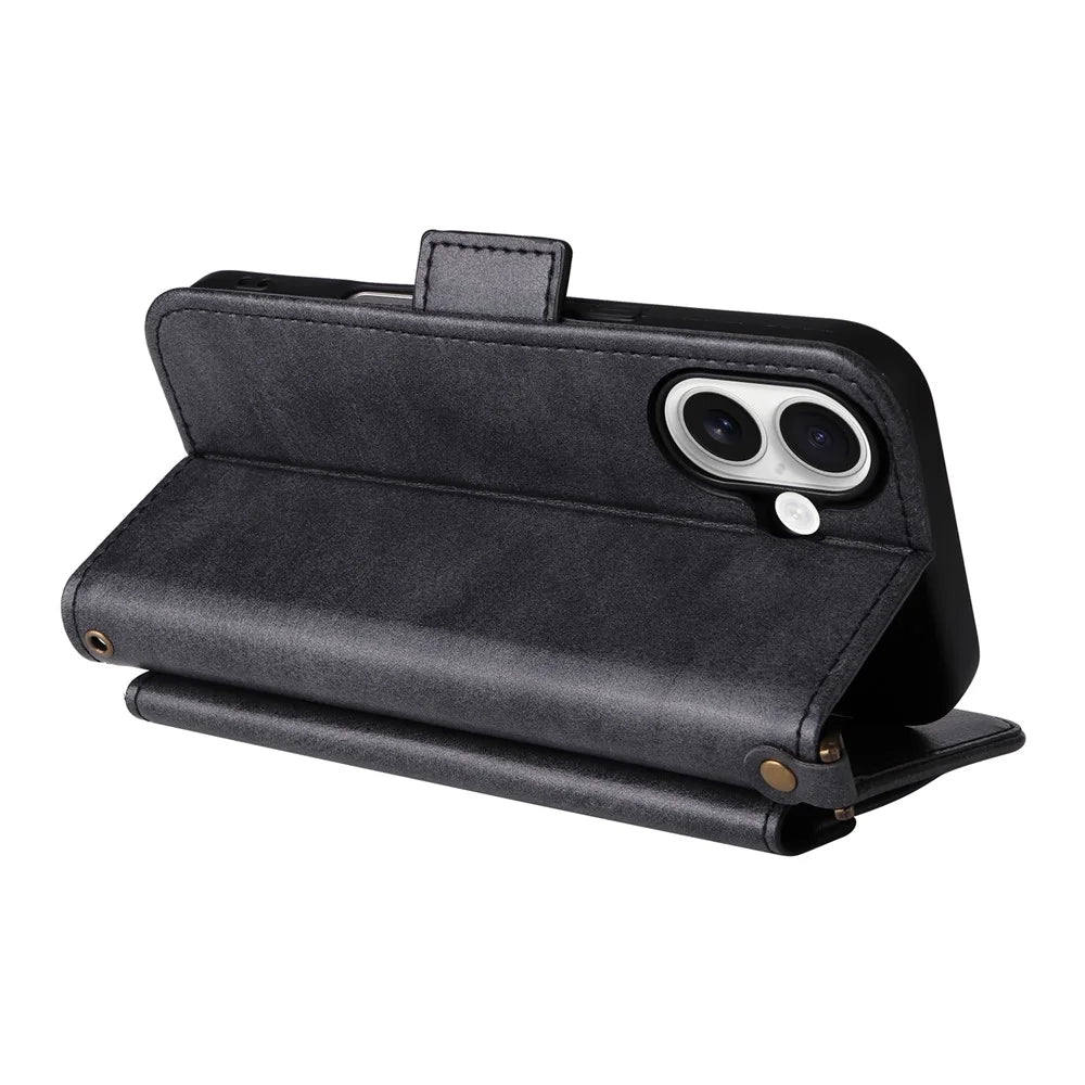 For iPhone 16 Plus Leather Case Magnetic Closure Wallet Stand Phone Cover with Crossbody Strap - Black - 5