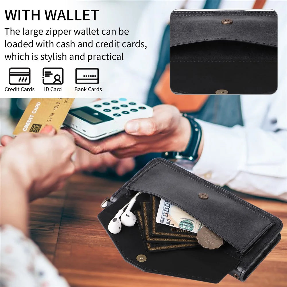 For iPhone 16 Plus Leather Case Magnetic Closure Wallet Stand Phone Cover with Crossbody Strap - Black - 7