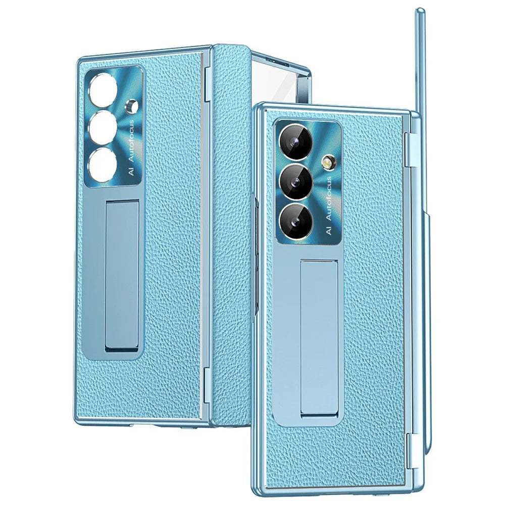 For Samsung Galaxy Z Fold7 5G Case Hinge Protection PU + PC Phone Cover with Tempered Glass Film / Stylus - Blue - 1