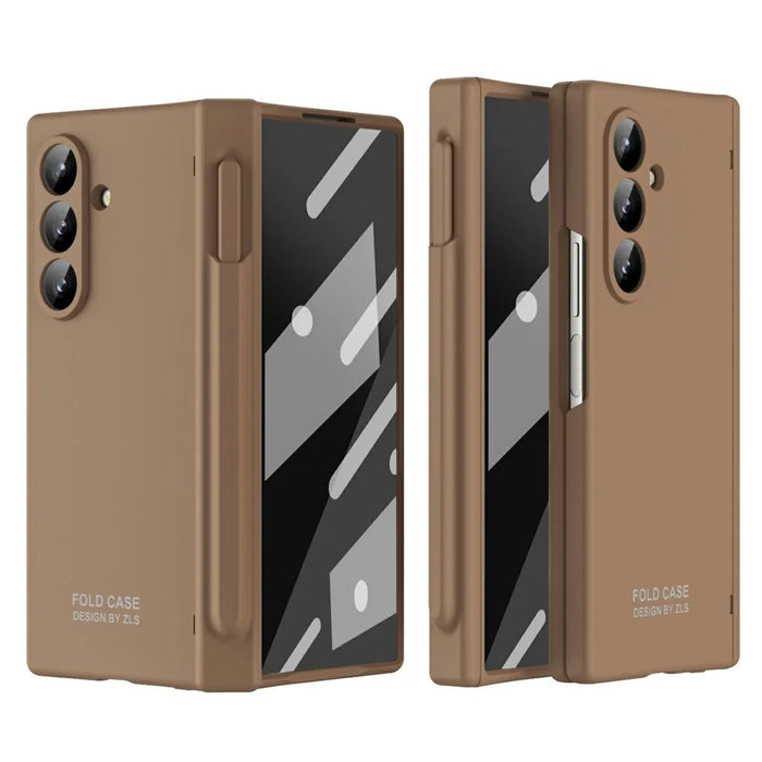 For Samsung Galaxy Z Fold7 5G Case Folding PC Phone Cover with Stylus / Tempered Glass Film - Brown - 1