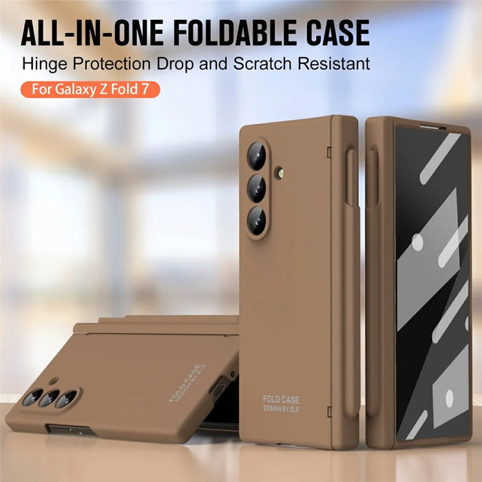 For Samsung Galaxy Z Fold7 5G Case Folding PC Phone Cover with Stylus / Tempered Glass Film - Brown - 3