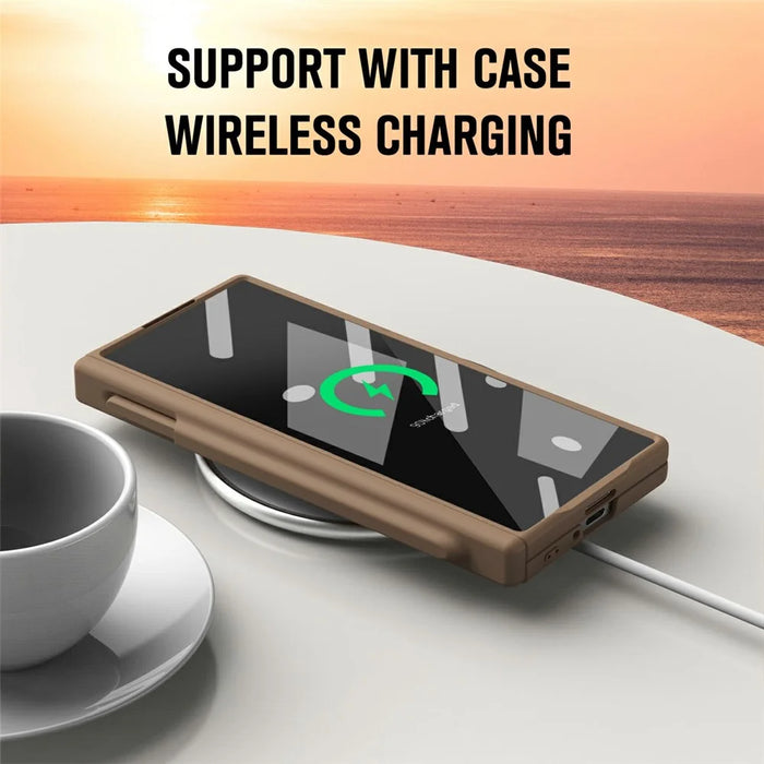 For Samsung Galaxy Z Fold7 5G Case Folding PC Phone Cover with Stylus / Tempered Glass Film - Brown - 6