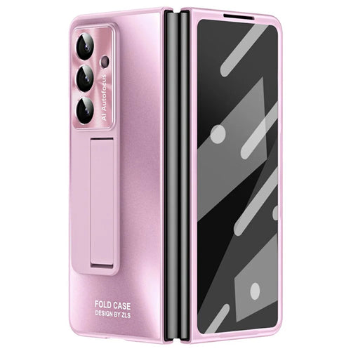 For Samsung Galaxy Z Fold7 5G Case Kickstand Matte PC Phone Cover with Tempered Glass Film - Pink - 1