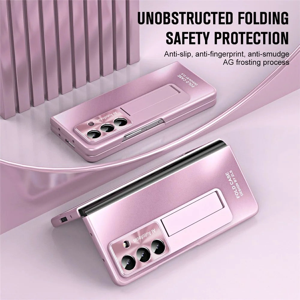 For Samsung Galaxy Z Fold7 5G Case Kickstand Matte PC Phone Cover with Tempered Glass Film - Pink - 2