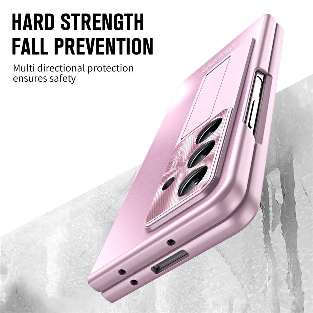 For Samsung Galaxy Z Fold7 5G Case Kickstand Matte PC Phone Cover with Tempered Glass Film - Pink - 4