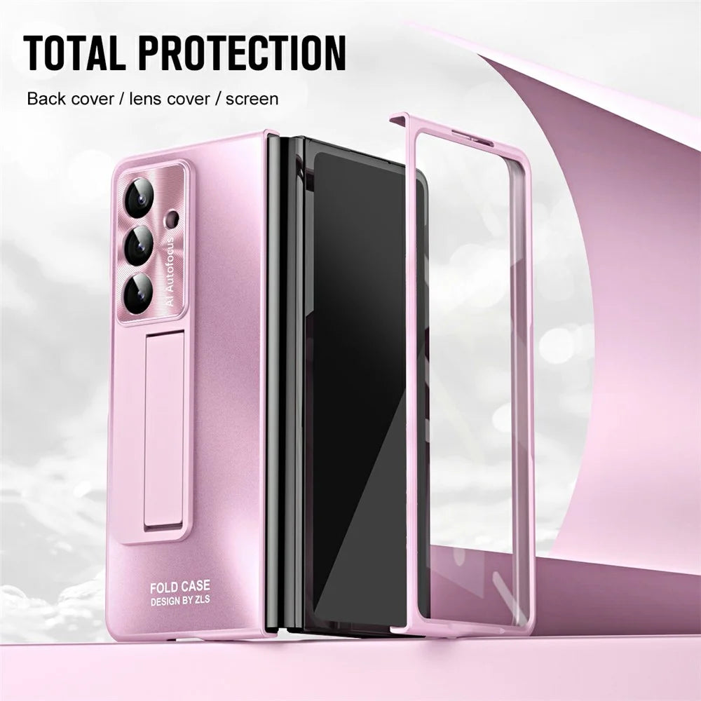 For Samsung Galaxy Z Fold7 5G Case Kickstand Matte PC Phone Cover with Tempered Glass Film - Pink - 5