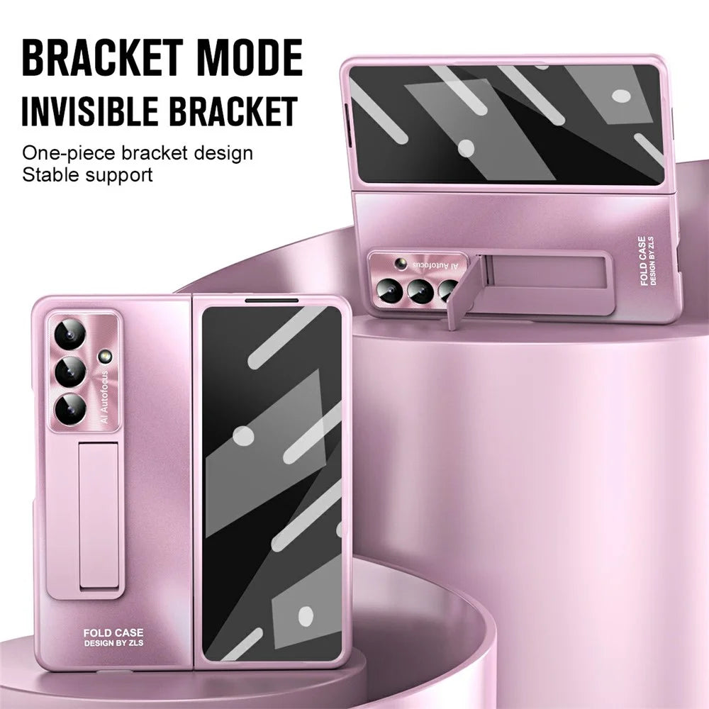 For Samsung Galaxy Z Fold7 5G Case Kickstand Matte PC Phone Cover with Tempered Glass Film - Pink - 6