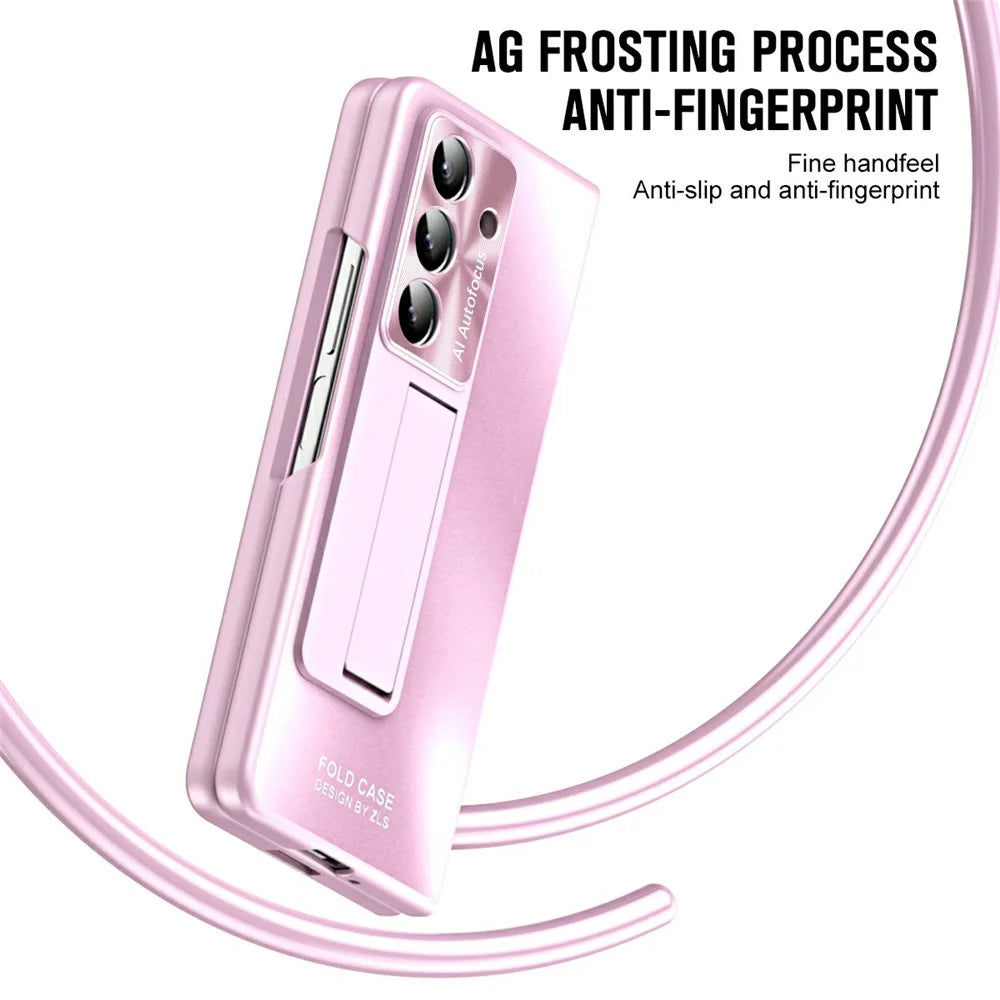 For Samsung Galaxy Z Fold7 5G Case Kickstand Matte PC Phone Cover with Tempered Glass Film - Pink - 7