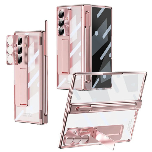 For Samsung Galaxy Z Fold7 5G Case Magnetic Hinge Electroplated PC Phone Cover with Tempered Glass Film / Stylus - Pink - 1