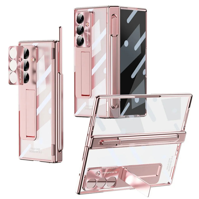 For Samsung Galaxy Z Fold7 5G Case Magnetic Hinge Electroplated PC Phone Cover with Tempered Glass Film / Stylus - Pink - 1