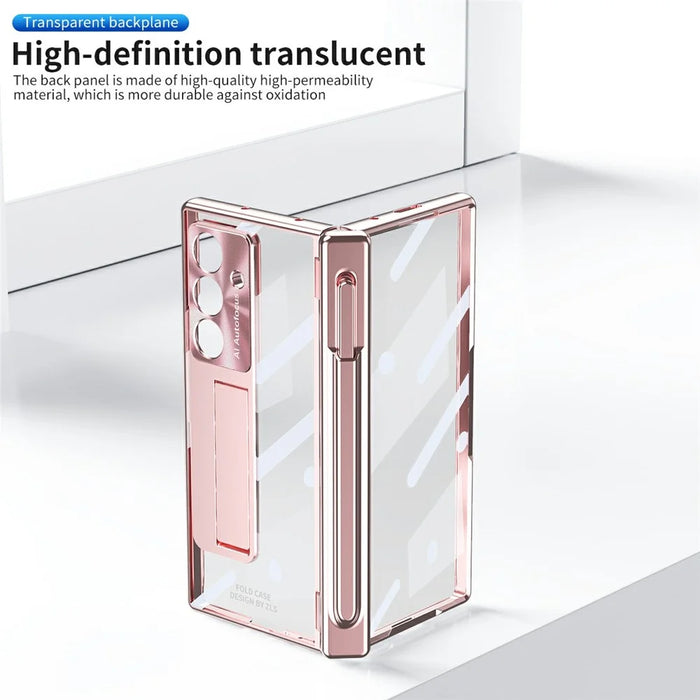 For Samsung Galaxy Z Fold7 5G Case Magnetic Hinge Electroplated PC Phone Cover with Tempered Glass Film / Stylus - Pink - 2