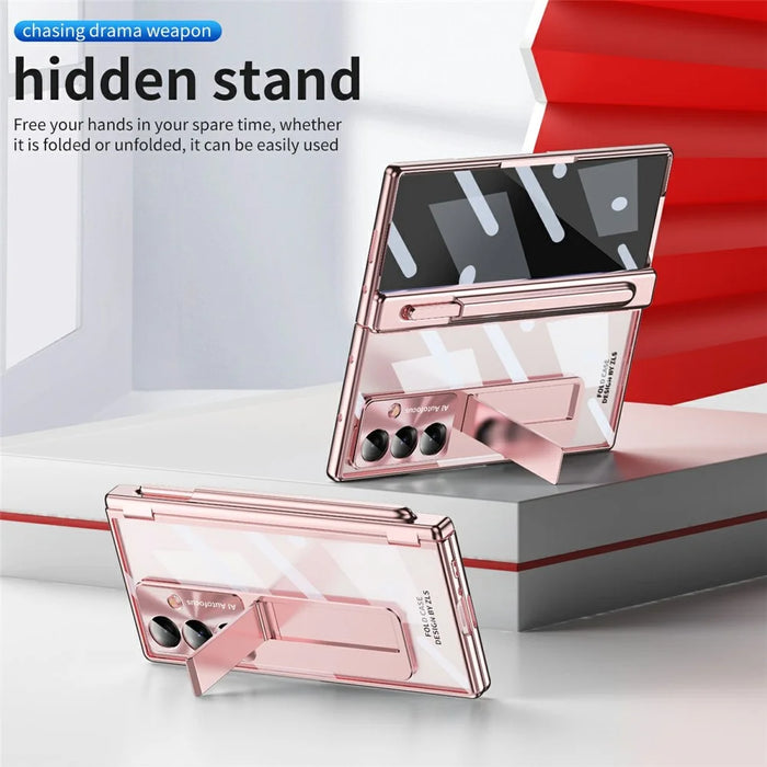 For Samsung Galaxy Z Fold7 5G Case Magnetic Hinge Electroplated PC Phone Cover with Tempered Glass Film / Stylus - Pink - 6