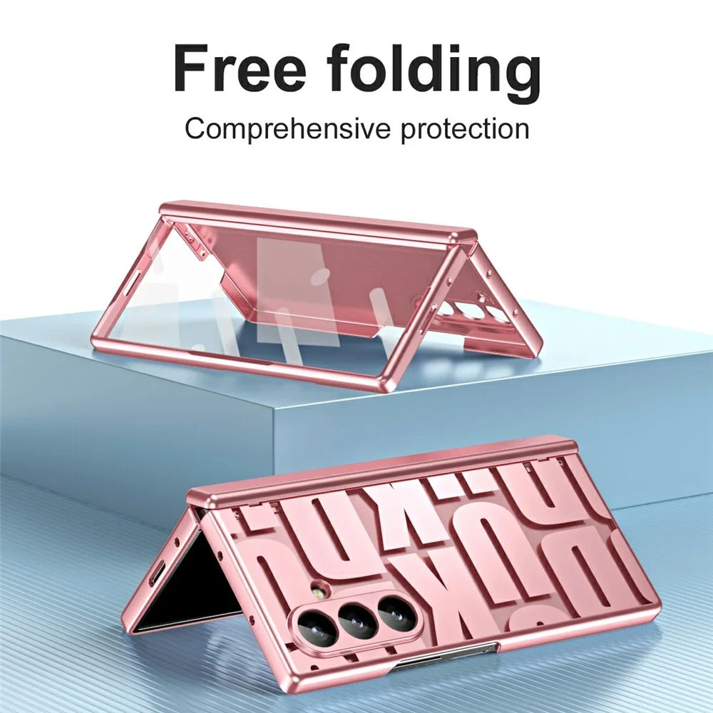 For Samsung Galaxy Z Fold7 5G Case Electroplating PC Phone Cover with Tempered Glass Film - Rose Gold - 2
