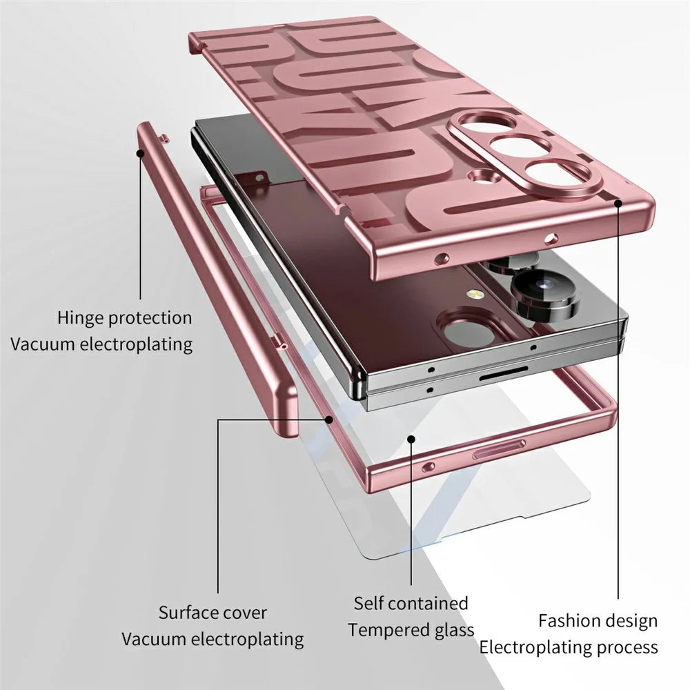 For Samsung Galaxy Z Fold7 5G Case Electroplating PC Phone Cover with Tempered Glass Film - Rose Gold - 3
