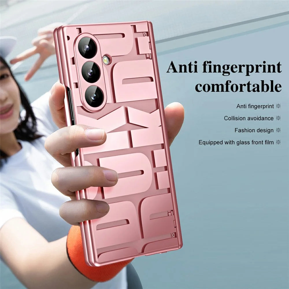 For Samsung Galaxy Z Fold7 5G Case Electroplating PC Phone Cover with Tempered Glass Film - Rose Gold - 6