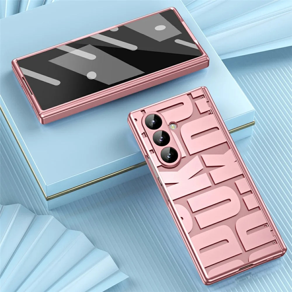 For Samsung Galaxy Z Fold7 5G Case Electroplating PC Phone Cover with Tempered Glass Film - Rose Gold - 7