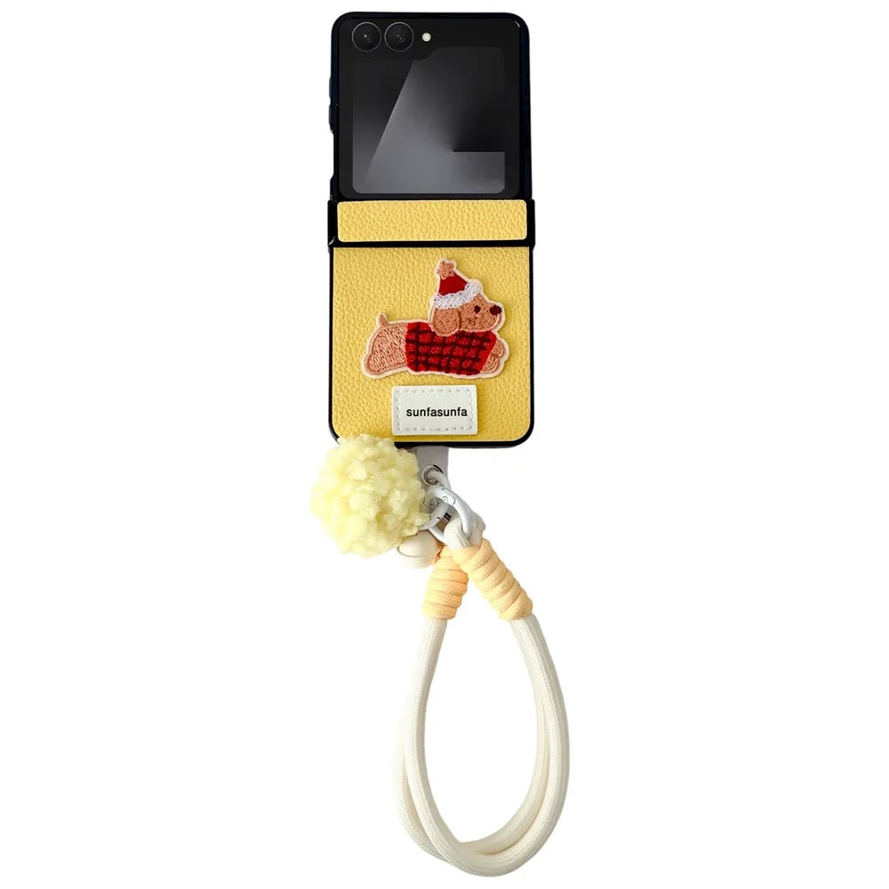 For Samsung Galaxy Z Flip7 5G Case Cute Dog Hinge Protection Litchi Texture Phone Cover with Wrist Strap - Yellow - 1