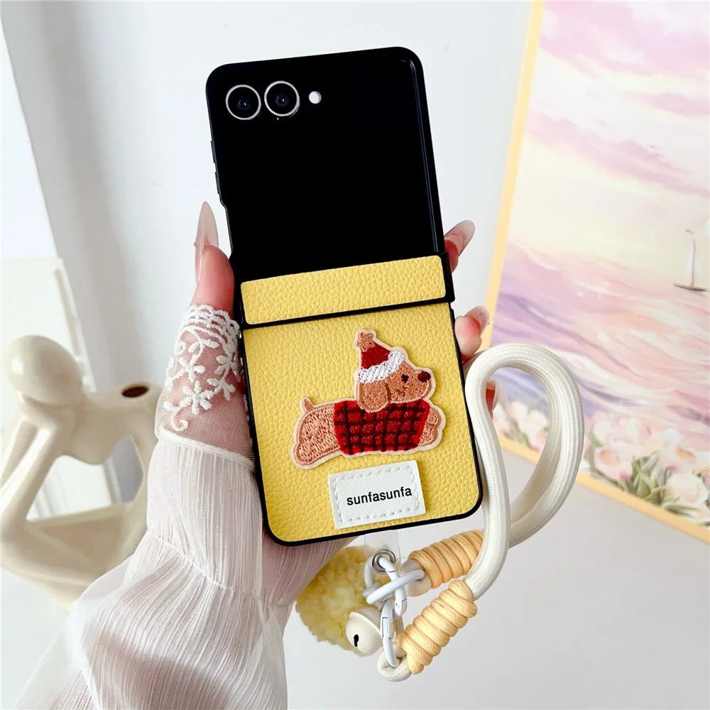 For Samsung Galaxy Z Flip7 5G Case Cute Dog Hinge Protection Litchi Texture Phone Cover with Wrist Strap - Yellow - 2