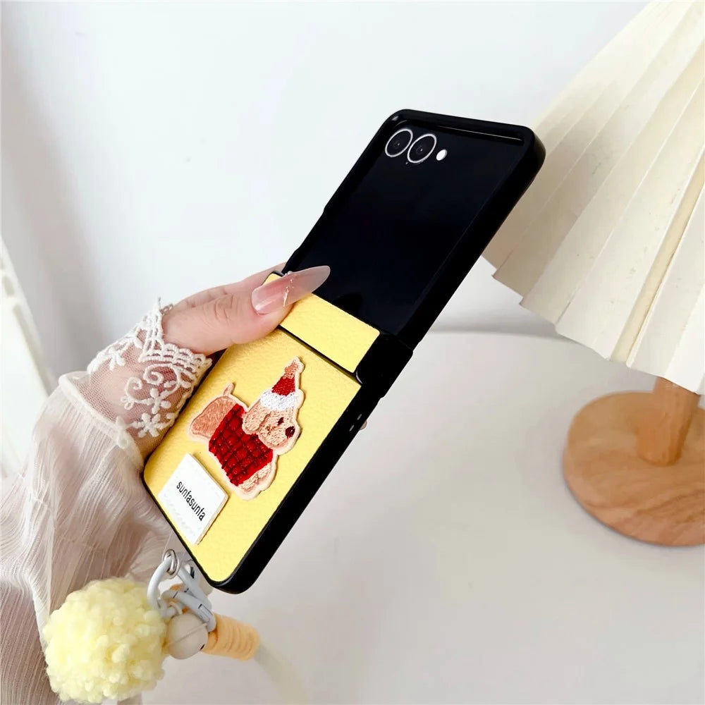For Samsung Galaxy Z Flip7 5G Case Cute Dog Hinge Protection Litchi Texture Phone Cover with Wrist Strap - Yellow - 4