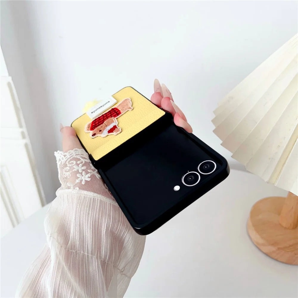 For Samsung Galaxy Z Flip7 5G Case Cute Dog Hinge Protection Litchi Texture Phone Cover with Wrist Strap - Yellow - 5