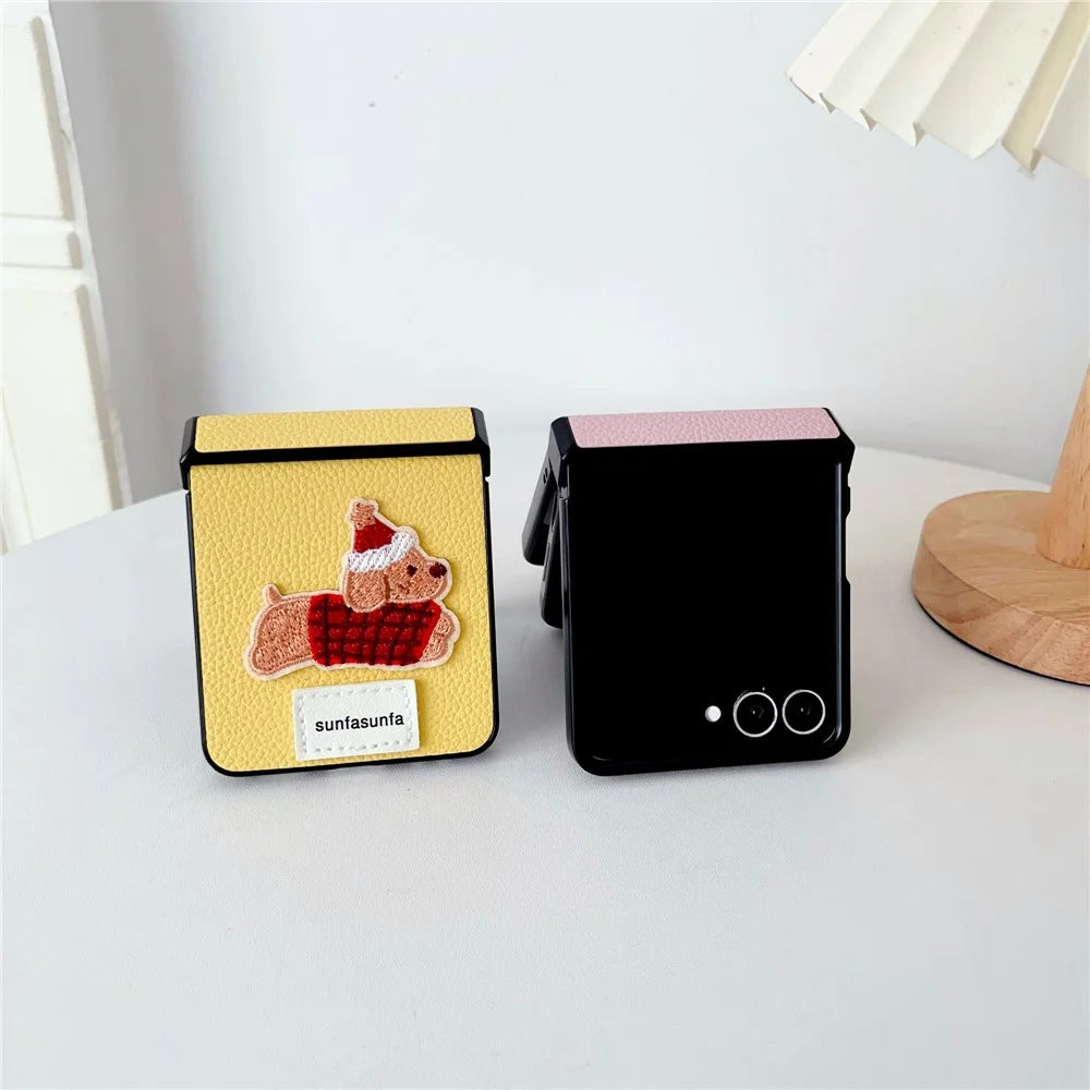 For Samsung Galaxy Z Flip7 5G Case Cute Dog Hinge Protection Litchi Texture Phone Cover with Wrist Strap - Yellow - 6